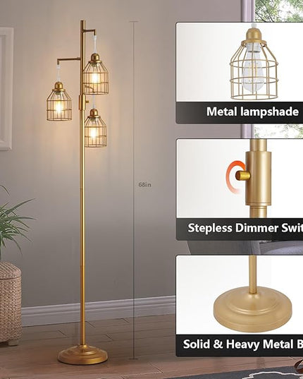 9MMML Golden Dimmable Floor Lamp,Industrial Gold Farmhouse Tall Standing Lamp for Living Room, Bedroom Office,3 Teardrop Cage Lampshade,3 LED Bulbs Inculded, 68'' Tall - LeafyLoom