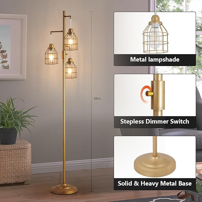 9MMML Golden Dimmable Floor Lamp,Industrial Gold Farmhouse Tall Standing Lamp for Living Room, Bedroom Office,3 Teardrop Cage Lampshade,3 LED Bulbs Inculded, 68'' Tall - LeafyLoom