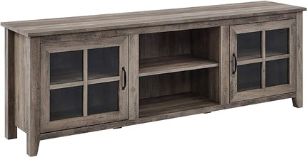 Walker Edison Portsmouth Classic 2 Glass Door TV Stand for TVs up to 80 Inches, 70 Inch, Grey Wash & Rustic Wood Farmhouse Entryway Accent Table with Storage Drawer Entry Table Living Room - LeafyLoom