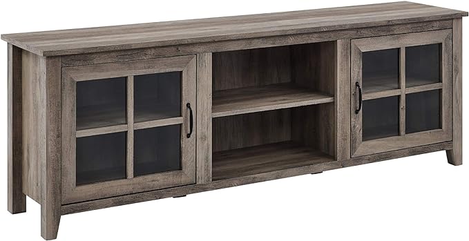Walker Edison Portsmouth Classic 2 Glass Door TV Stand for TVs up to 80 Inches, 70 Inch, Grey Wash & Rustic Wood Farmhouse Entryway Accent Table with Storage Drawer Entry Table Living Room - LeafyLoom