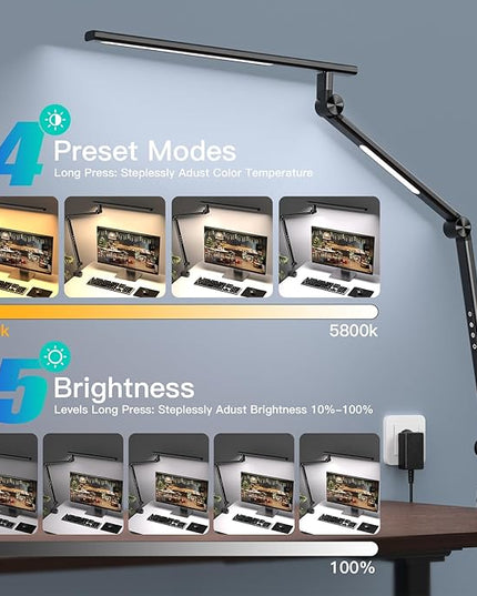 LED Desk Lamp, Desk Light for Home Office, Dual Light Source 18W Brightest, Eye-Caring Optical Lens, Office Lamp, 5 Color Modes & Brightness, Aluminum Alloy Drafting Light, Clamp Lamp, Black - LeafyLoom