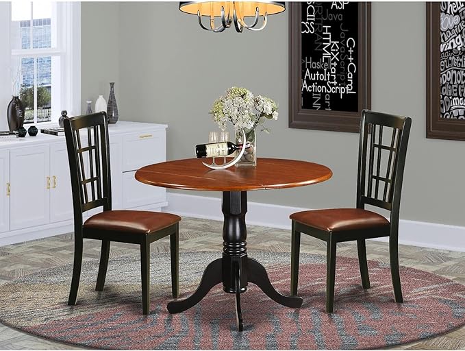 East West Furniture DLNI3-BCH-LC 3 Piece Set Contains a Round Dining Room Table with Dropleaf and 2 Faux Leather Upholstered Chairs, 42x42 Inch - LeafyLoom