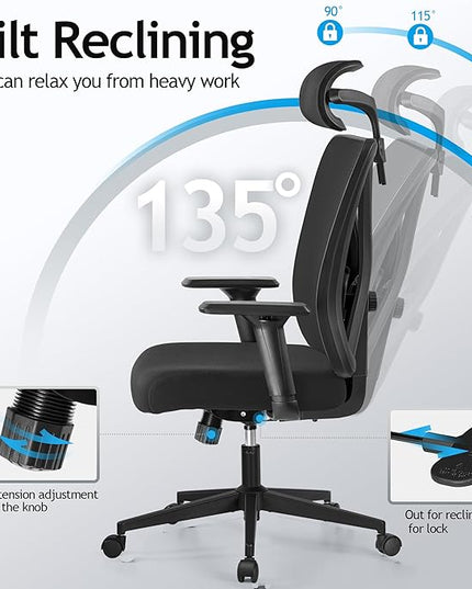 KERDOM Ergonomic Office Chair Desk Chair Comfortable Mesh Gaming Computer Swivel Rolling Chair, High Back Office Chair with Wheels, Headrest, 3D Armrest and Lumbar Support Home Office Desk Chair Black - LeafyLoom
