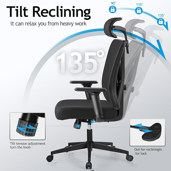 KERDOM Ergonomic Office Chair Desk Chair Comfortable Mesh Gaming Computer Swivel Rolling Chair, High Back Office Chair with Wheels, Headrest, 3D Armrest and Lumbar Support Home Office Desk Chair Black - LeafyLoom