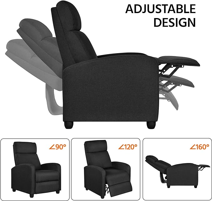 Yaheetech Fabric Recliner Chair Sofa Ergonomic Adjustable Single Sofa with Thicker Seat Cushion Modern Home Theater Seating for Living Room Matte Black - LeafyLoom