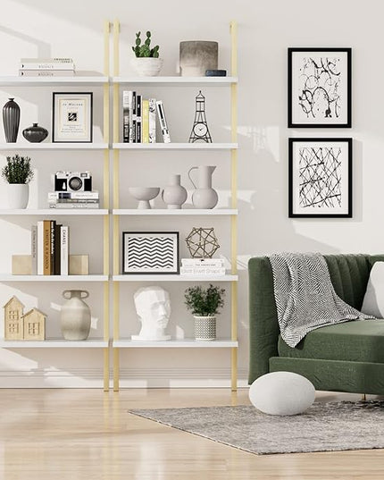 NUMENN 5 Tier Book Shelf, Industrial Ladder Shelf, Open Space Wall Mount Bookshelf with Metal Frame, Sturdy Book Shelves, Bookcase for Living Room, Home Office Shelf, White/Gold - LeafyLoom