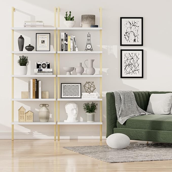 NUMENN 5 Tier Book Shelf, Industrial Ladder Shelf, Open Space Wall Mount Bookshelf with Metal Frame, Sturdy Book Shelves, Bookcase for Living Room, Home Office Shelf, White/Gold - LeafyLoom