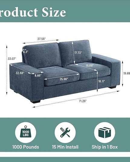 EASELAND 71" Loveseat, Small Chenille Loveseat for Small Spaces, 2-Seater Modern Deep Seat Couch with Removable Back and Cushions, Lounge Sofa for Bedroom with Wood Legs and Fluffy Armrest (Blue) - LeafyLoom