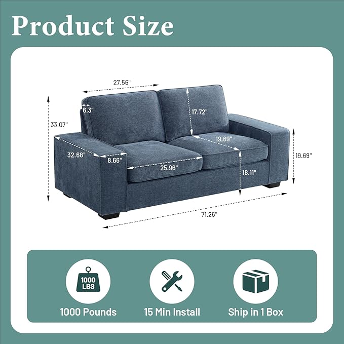 EASELAND 71" Loveseat, Small Chenille Loveseat for Small Spaces, 2-Seater Modern Deep Seat Couch with Removable Back and Cushions, Lounge Sofa for Bedroom with Wood Legs and Fluffy Armrest (Blue) - LeafyLoom