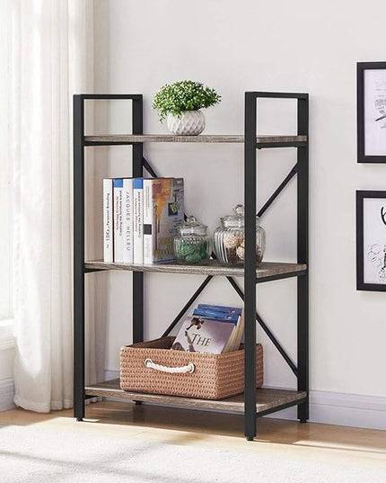BON AUGURE 3 Tier Bookshelf, Small Rustic Book shelf, Short Industrial Wood Metal Standing Bookcase Etagere for Office, Bedroom and Living Room (Dark Gray Oak) - LeafyLoom