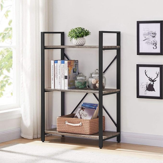 BON AUGURE 3 Tier Bookshelf, Small Rustic Book shelf, Short Industrial Wood Metal Standing Bookcase Etagere for Office, Bedroom and Living Room (Dark Gray Oak) - LeafyLoom