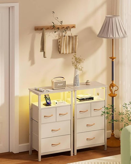 Furnulem 4 Drawer Dresser with Led Light and Charging Station, White Night Stand with Storage Shelf and Fabric & PVC Drawer, 33 Inch Bedside Table, Tall Nightstand for Entryway, Bedroom Furniture - LeafyLoom