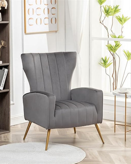 Armchair Modern Velvet Accent Chair, Channel Tufted Bedroom, Office or Living Room Furniture with Elegant Metal Legs, Grey - LeafyLoom