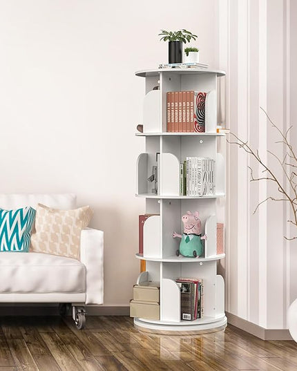 Rotating Bookshelf, Small Bookshelf for Small Space, 360 Display 4 Tier Floor Standing Bookcase Storage Rack, Wood Narrow Book Shelf Organizer for Bedroom, Living Room (White) - LeafyLoom
