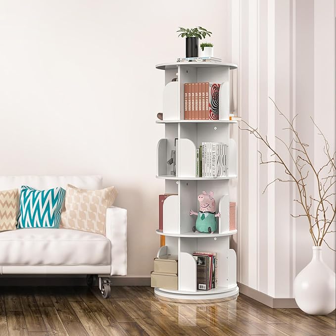 Rotating Bookshelf, Small Bookshelf for Small Space, 360 Display 4 Tier Floor Standing Bookcase Storage Rack, Wood Narrow Book Shelf Organizer for Bedroom, Living Room (White) - LeafyLoom