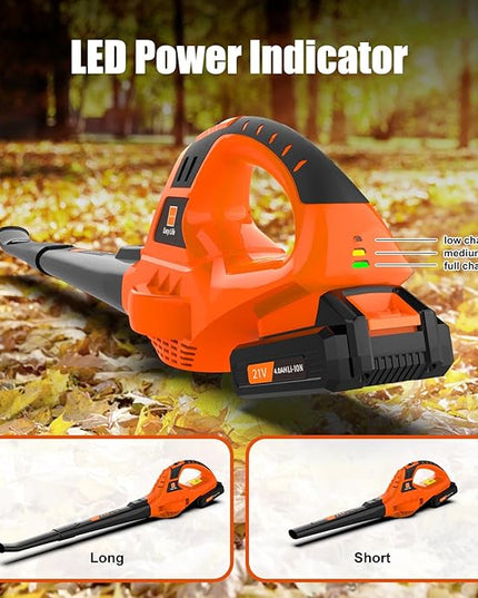 Leaf Blower Cordless,21V Handheld Electric Leaf Blower with 4.0Ah Battery and Charger, 2 Speed Mode, Lightweight Battery Powered Leaf Blower for Lawn Care, Patio, Yard, Sidewalk (Orange) - LeafyLoom