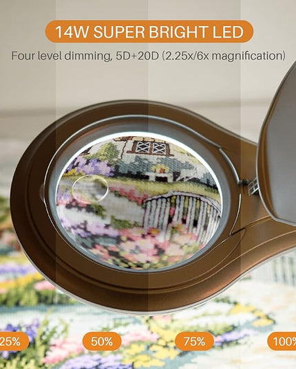 Bifocals LED Magnifying Lamp with Clamp, 5 Diopter with 20 Diopter, 5 Inch Magnifier Glass Lens, 1200 Lumens Dimmable Magnifier Lamp for Desk Craft Hobby with 60PCS Bright LEDs - LeafyLoom