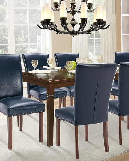 Parsons Dining Chairs Set of 2, Upholstered Nailhead PU Leather Dining Room Kitchen Side Chair with Thick Cushions and Wood Legs, Blue - LeafyLoom
