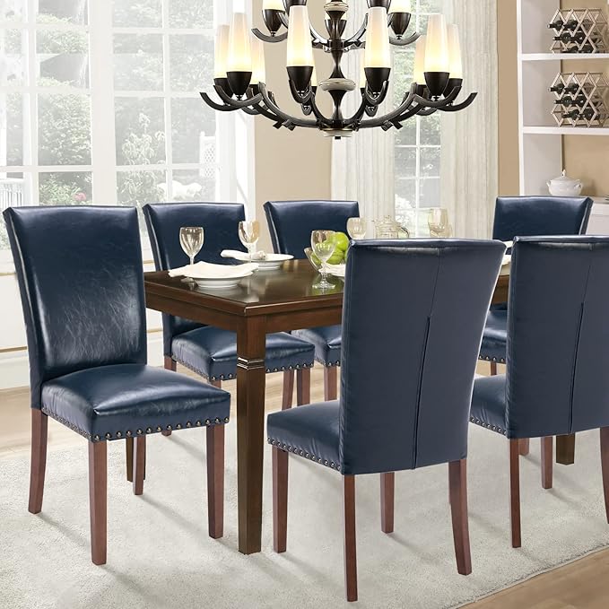 Parsons Dining Chairs Set of 2, Upholstered Nailhead PU Leather Dining Room Kitchen Side Chair with Thick Cushions and Wood Legs, Blue - LeafyLoom