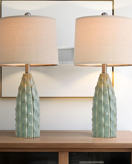 23.75" Modern Green Ceramic Lamps Set of 2 for Living Room Study Room Office Dorm Farmhouse Nightstand, End Table Lamps - LeafyLoom