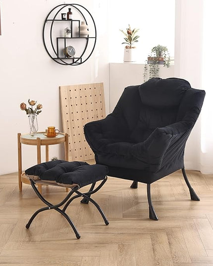 Welnow Lazy Chair with Ottoman, Modern Lounge Accent Chair with Armrests and a Side Pocket, Leisure Upholstered Sofa Chair Set, Reading Chair with Footrest for Small Space, Corner Chair, Black - LeafyLoom