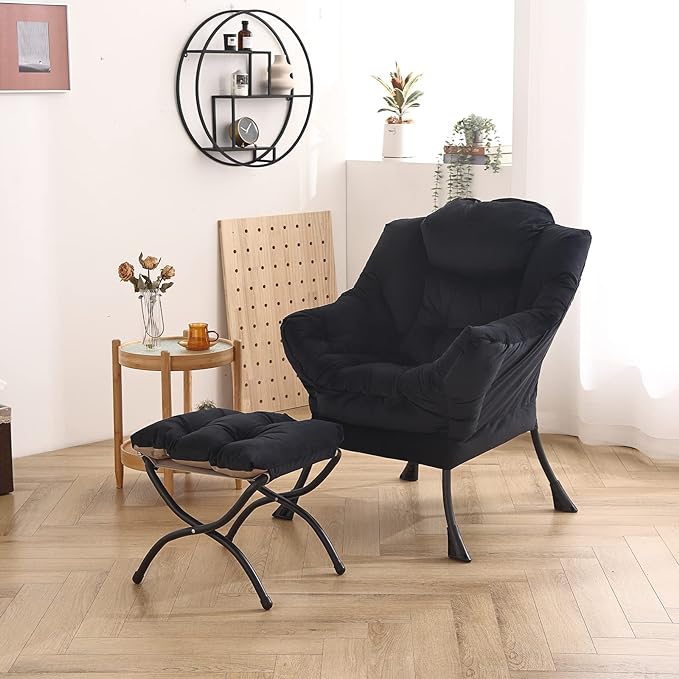 Welnow Lazy Chair with Ottoman, Modern Lounge Accent Chair with Armrests and a Side Pocket, Leisure Upholstered Sofa Chair Set, Reading Chair with Footrest for Small Space, Corner Chair, Black - LeafyLoom