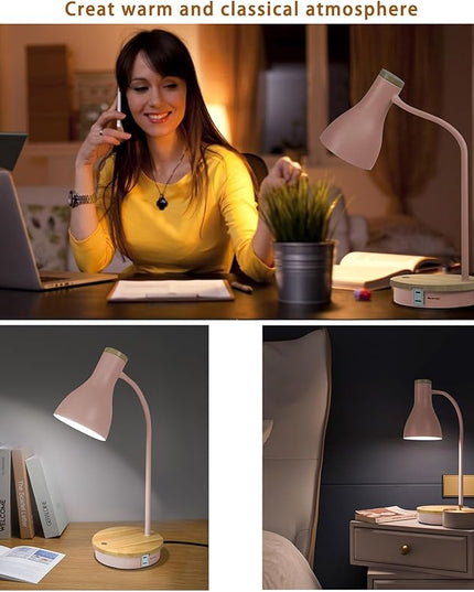 Metal Desk Lamp Touch Reading Lights Table Lamp Arc Desk Lamps for Bedroom, 3 Way Dimmable Bedside Lamp with USB Charging Ports, Reading Lamp for Study Room and Office (Pink-02) - LeafyLoom
