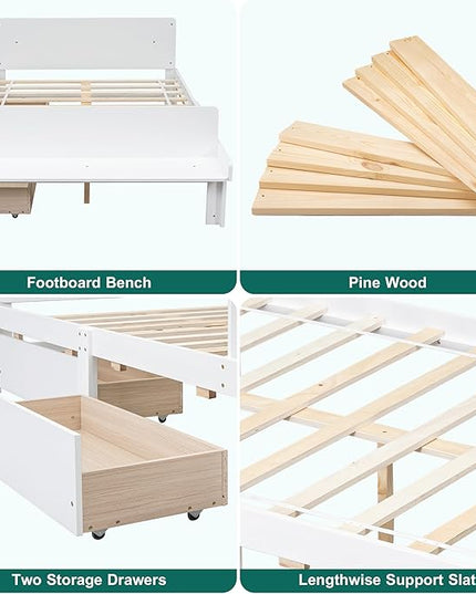 Dolonm Full Bed Frames for Kids with 2 Drawers, Storage Platform Bed with Footboard Bench, Twin Kids Bed Headboard Frame Pine Wood, High Stable, No Box Spring Needed, Twin Bed for Kids, White - LeafyLoom