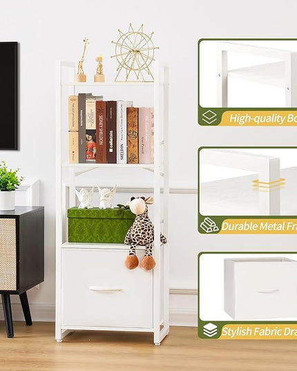 Yoobure Bookshelf, 4 Tier Book Shelf with Drawer, Small Bookcase Narrow Book Case, Industrial Bookshelves Shelf for Bedroom Living Room Office, Book Storage Organizer for CD/Movie White - LeafyLoom