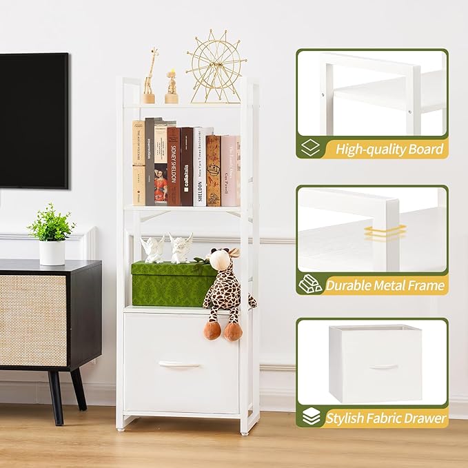 Yoobure Bookshelf, 4 Tier Book Shelf with Drawer, Small Bookcase Narrow Book Case, Industrial Bookshelves Shelf for Bedroom Living Room Office, Book Storage Organizer for CD/Movie White - LeafyLoom