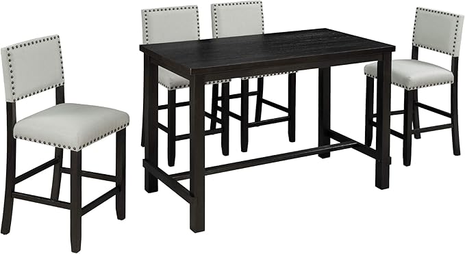 Kitchen 5-Piece Counter Height Dining Set, Classic Elegant Table and 4 Chairs in Espresso and Beige - LeafyLoom