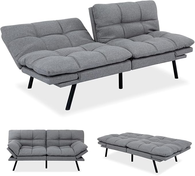 MUUEGM Futon Sofa Bed Convertible Memory Foam Sleeper Couch,Modern Loveseat for Living Room,Small Compact Space,Dorm,Office,Adjustable Armrests Backrest Sofabed, Linen Light Grey - LeafyLoom