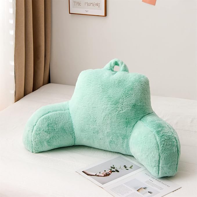 Aimuan Reading Pillow Bed Rest Pillow with Arms Rabbit Fur Cushion for Adults Teens Incline Rest Sitting up & Sleeping Snoring Pillow with Pregnancy Lumbar Back Support (Standard, Green) - LeafyLoom