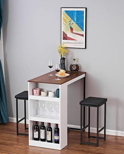Panana 3 Piece Dining Table Set Kitchen Bar Table with Two Stool Storage Shelves Wood Counter Height Table Top with Sew Kerf Finish Dining Room Home - LeafyLoom