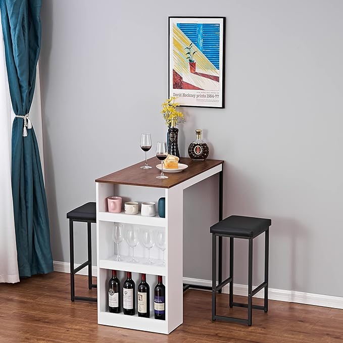 Panana 3 Piece Dining Table Set Kitchen Bar Table with Two Stool Storage Shelves Wood Counter Height Table Top with Sew Kerf Finish Dining Room Home - LeafyLoom