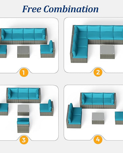 SUNVIVI OUTDOOR 7 Piece Patio Furniture Sets All Weather Grey PE Wicker Couch Sofa with Glass Table, Removable Blue Cushions - LeafyLoom