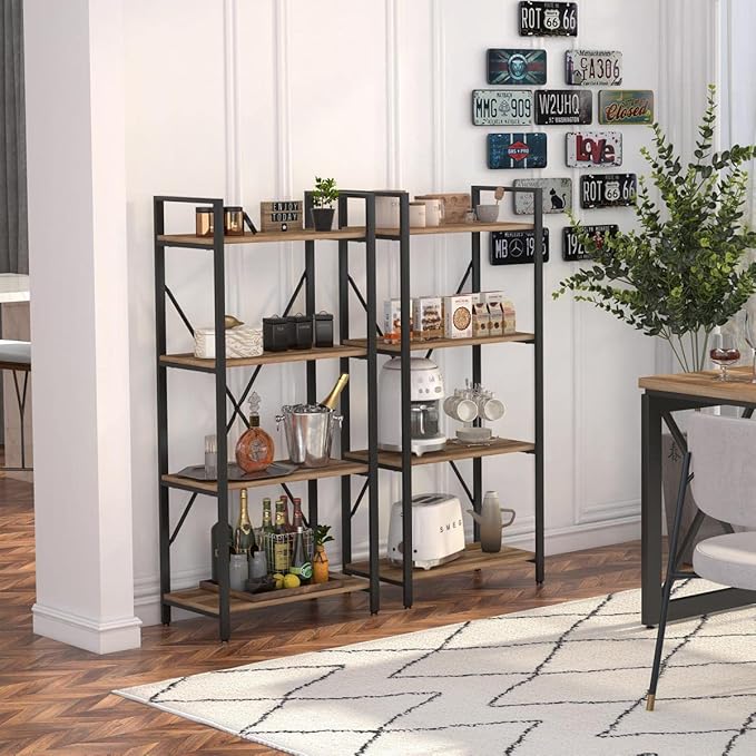 BON AUGURE Industrial 4 Tier Bookshelf, Modern Open Shelving Unit Book Shelves, Heavy Duty Etagere Bookcase, Wood Metal 4 Shelf Book Case for Office, Living Room and Bedroom (Vintage Oak) - LeafyLoom