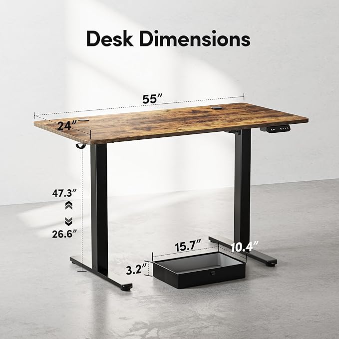 BANTI Electric Standing Desk with Drawer, 55x24 Inches Adjustable Height Sit Stand Up Desk, Home Office Desk Computer Workstation, Vintage Brown - LeafyLoom