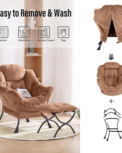 Oversized Chair with Ottoman, Removable Modern Chair with Folding Footrest, Comfortable Reading Chair for Bedroom, Study, Living Room, Courtyard (Plush Brown) - LeafyLoom