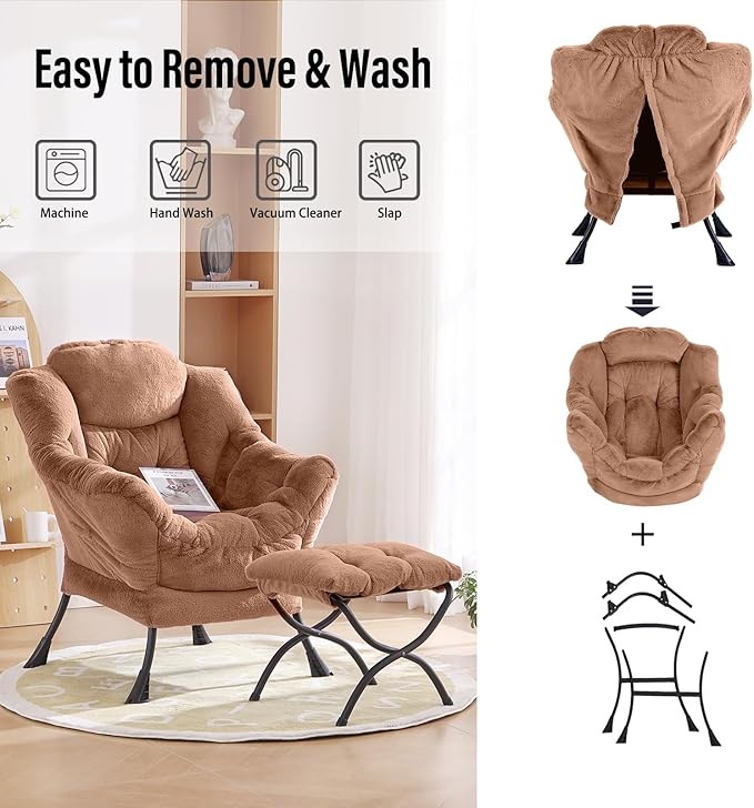 Oversized Chair with Ottoman, Removable Modern Chair with Folding Footrest, Comfortable Reading Chair for Bedroom, Study, Living Room, Courtyard (Plush Brown) - LeafyLoom