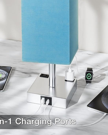 Touch Bedside Table Lamp For Nightstand - 3-Way Dimmable Night Lamp with USB A + Type C Charging Ports and two AC Outlets, Small Desk Light with E26 Bulb for Bedroom Living Room Dorm, Turquoise - LeafyLoom