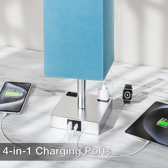 Touch Bedside Table Lamp For Nightstand - 3-Way Dimmable Night Lamp with USB A + Type C Charging Ports and two AC Outlets, Small Desk Light with E26 Bulb for Bedroom Living Room Dorm, Turquoise - LeafyLoom