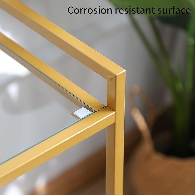 Bookcase, 3-Tier Gold Bookshelf, Slim Shelving Unit for Display Storage Bookshelf Corner Plant Bedroom, Bathroom, Home Office, Tempered Glass, Steel Frame,gold shelf (Gold, Three floors) - LeafyLoom