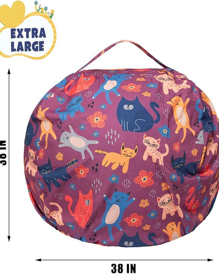 Stuffed Animal Storage Bean Bag Chair Cover, Hold Kids Plush Toys Blankets Towels Beanbag (Cover Only), Canvas Floor Circle Stuff Sit Seat Sofa with YKK Zipper, Extra Large 38", Cat - LeafyLoom