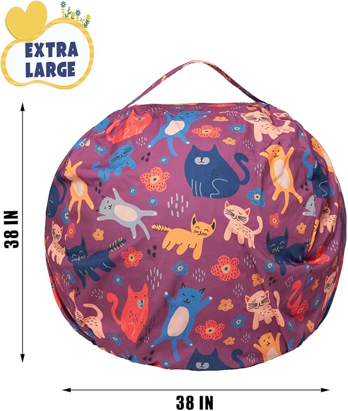 Stuffed Animal Storage Bean Bag Chair Cover, Hold Kids Plush Toys Blankets Towels Beanbag (Cover Only), Canvas Floor Circle Stuff Sit Seat Sofa with YKK Zipper, Extra Large 38", Cat - LeafyLoom
