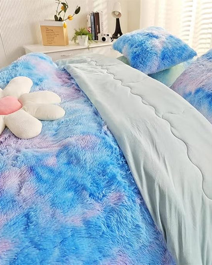 Faux Fur Kids Girls Blue Rainbow Comforter Sets King - 3PC Bed Set Warm Comfortable Soft Plush Flannel Velvet Fluffy Fuzzy Bedding（Comforter x 1 Pillowcases x 2） - LeafyLoom