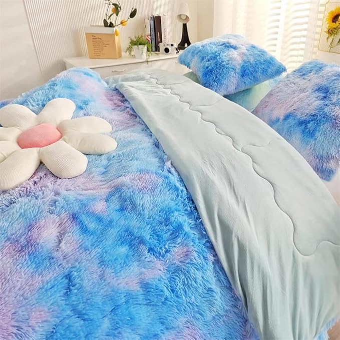 Faux Fur Kids Girls Blue Rainbow Comforter Sets King - 3PC Bed Set Warm Comfortable Soft Plush Flannel Velvet Fluffy Fuzzy Bedding（Comforter x 1 Pillowcases x 2） - LeafyLoom