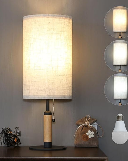 3-Color Temperatures Bedside Table Lamp for Nightstand Living Room Lamps for Bedroom Wood Fabric Pull Chain Switch Small Desk Lamps Home Office End Table Room Decor (Light Brown+Black) - LeafyLoom