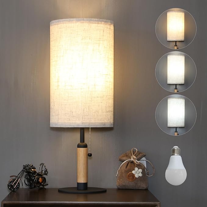 3-Color Temperatures Bedside Table Lamp for Nightstand Living Room Lamps for Bedroom Wood Fabric Pull Chain Switch Small Desk Lamps Home Office End Table Room Decor (Light Brown+Black) - LeafyLoom