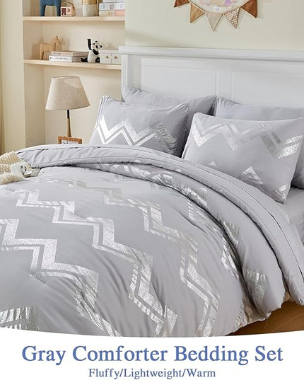 Wowelife Gray Comforter King Size 7 Pieces Silver Glitter Kids Bedding Set Bed in a Bag for Girls with Comforter, Flat Sheet, Fitted Sheet and 2 Pillowcases - LeafyLoom